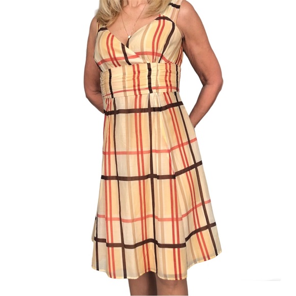Bianca Nygard Sun Dress size 6 Petite yellow with orange & brown stripes lined - Picture 1 of 4